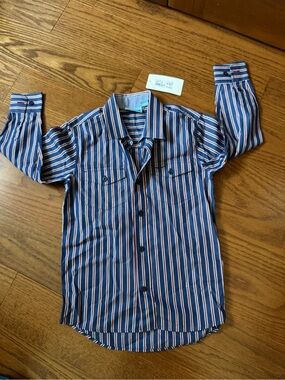 Boys Colts RM Williams Navy White Stripe Button-Up Dress Shirt Sz 6